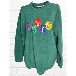 Basic Editions Women's Medium‎ Sweater Cozy Fleece Green Reindeer Holiday